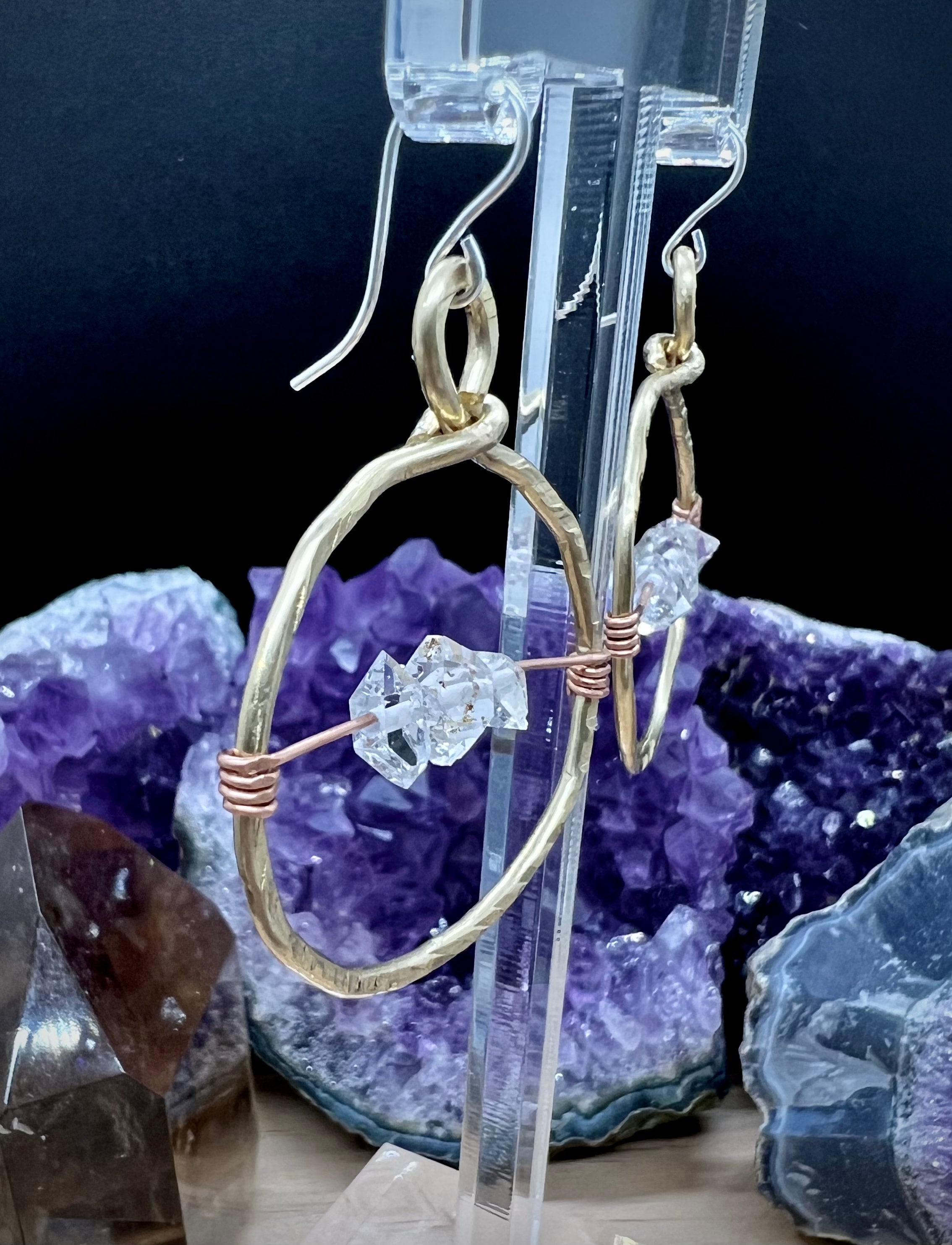 Herkimer Diamond Hammered HOOP Earrings A+ Grade Water Clear hot Sparkly NY Sterling Silver Handcrafted Natural Double Terminated Quartz